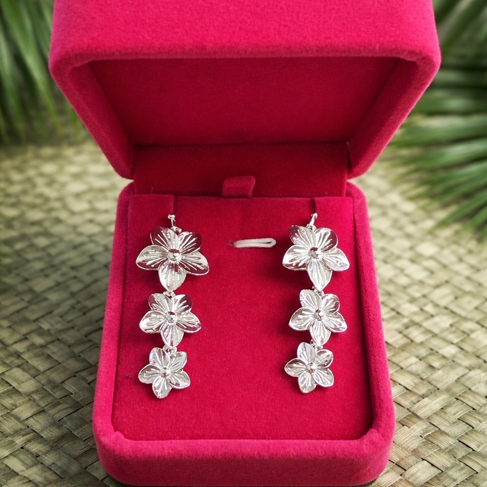 Silver Plumeria Drop Earrings | Island Floral Statement Jewelry